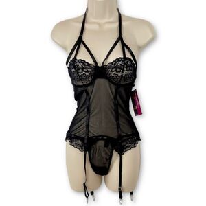 Exposed NEW Black Sheer Bonnie Merry Widow Camisole & G-String Set Womens Sz S/M